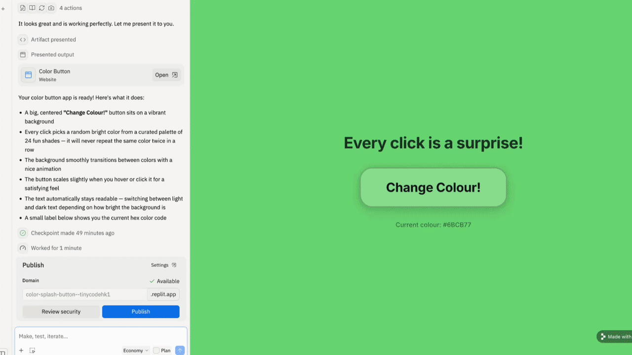 Animation of a student refining a web application with AI prompts and deploying it to a live URL in a Tiny Code vibe coding course