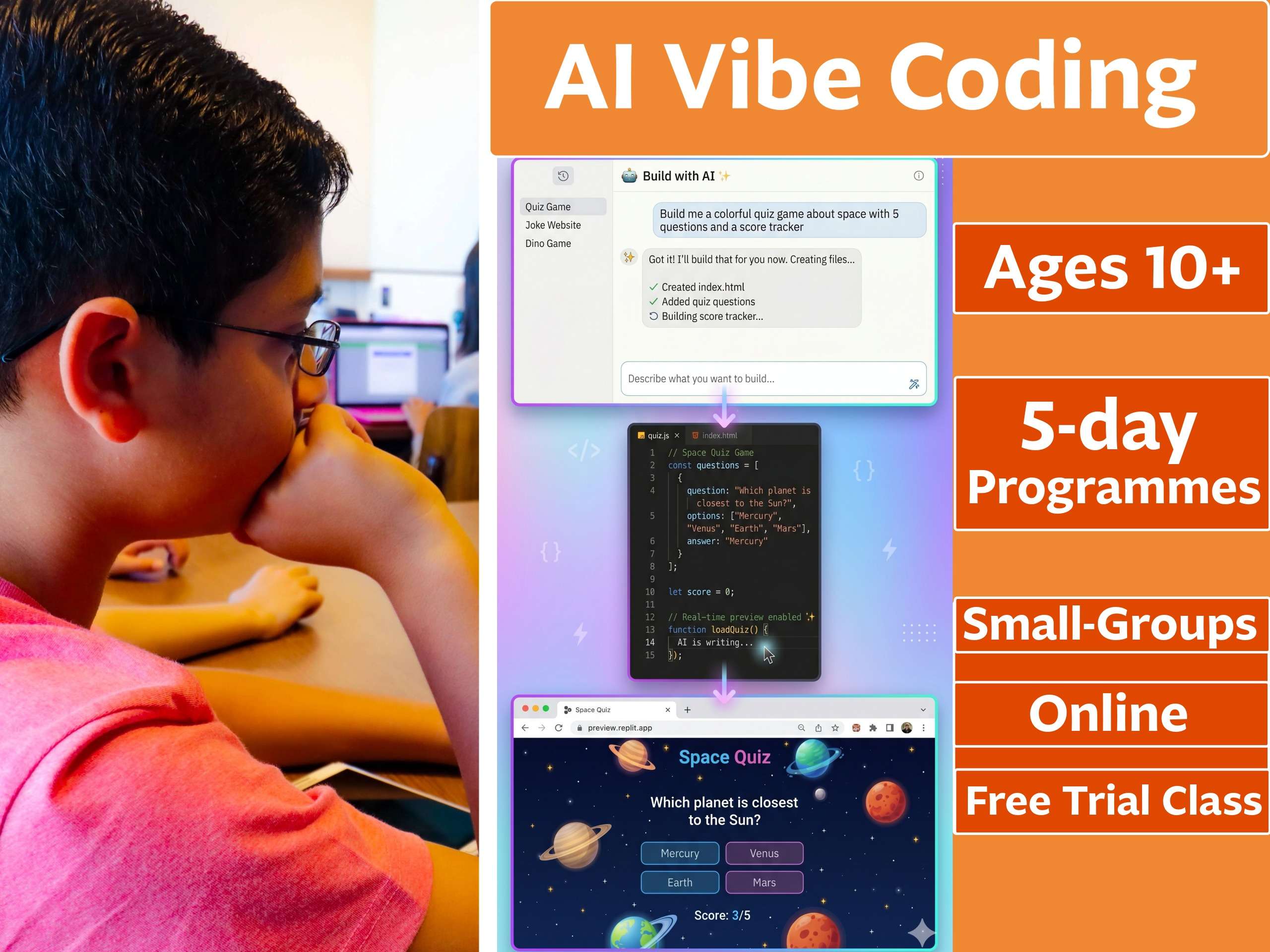 AI_Vibe_Coding_Camp_Page_hero Student building a web application with AI tools in a Tiny Code group online summer camp 2026