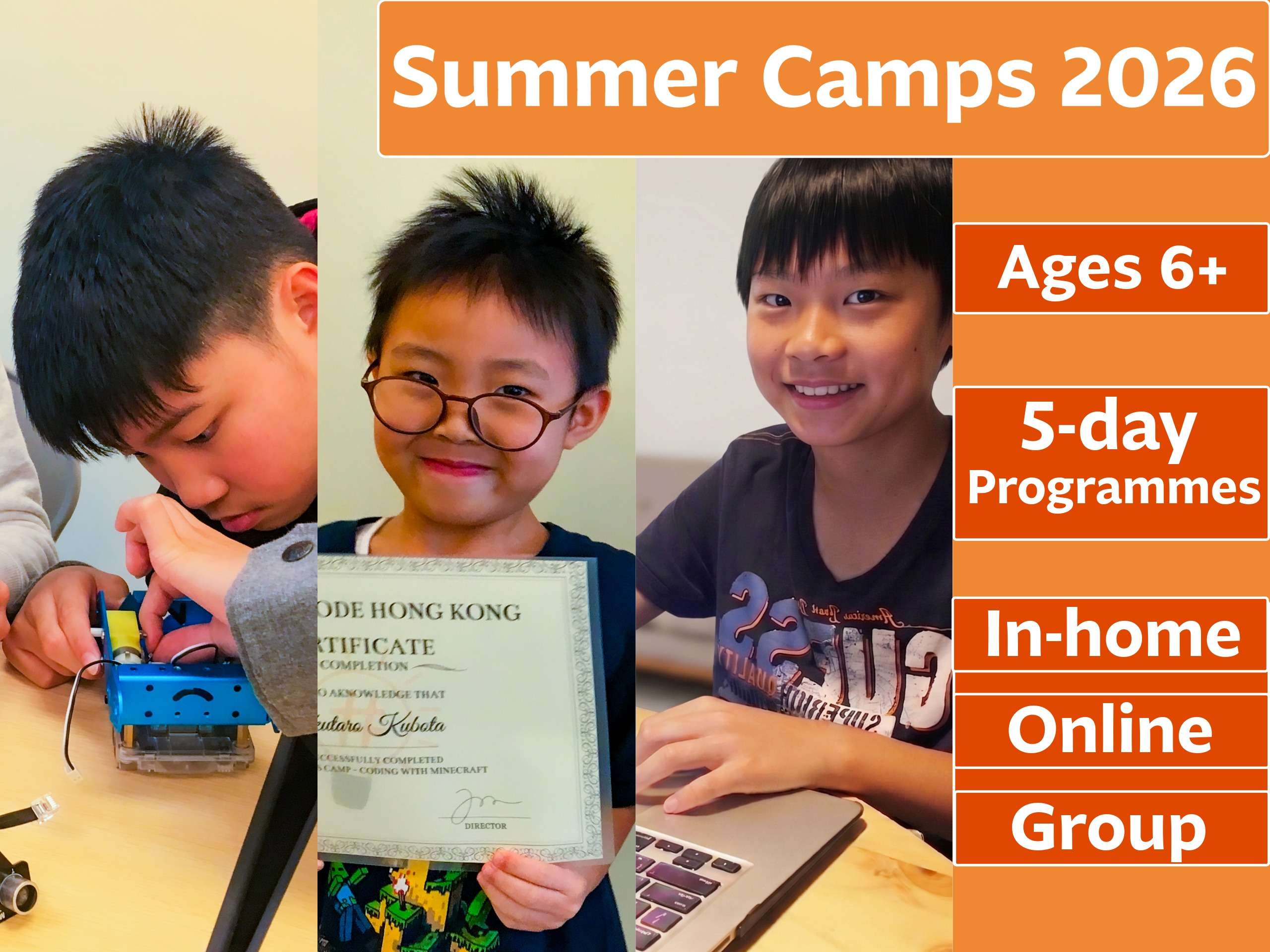 Summer Camps Banner Children learning coding, robotics and AI at Tiny Code summer camps in Hong Kong